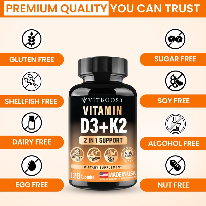 VITBOOST Vitamin D3 K2 Complex - 5000 IU (125 mcg) D3 & K2 (MK-7) 90 mcg | Easy to Swallow Vitamin D | Non-GMO | Gluten-Free | USA Made, 3rd Party Tested, 120 Capsules 120 Count(Pack of 1)