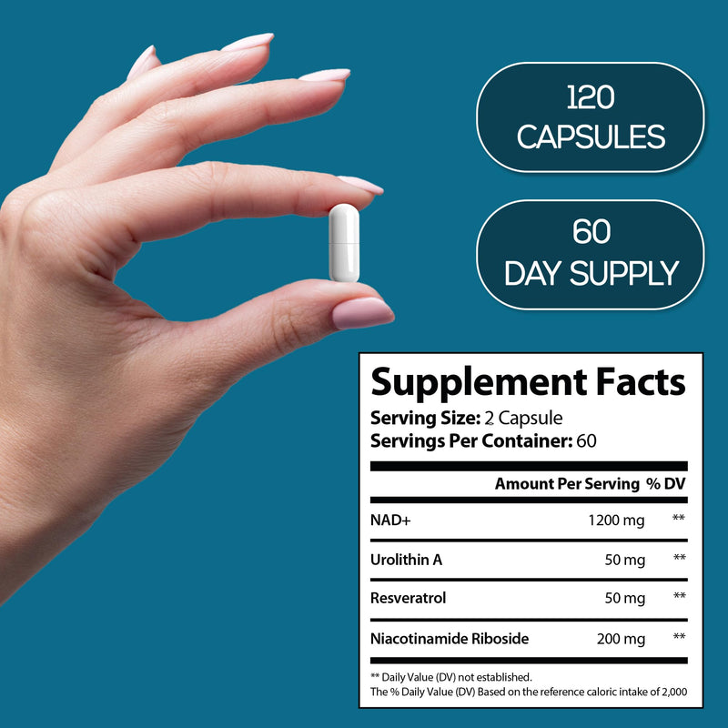 NAD Nicotinamide Riboside Resveratrol with Urolithin A 1500mg, Advance Support Supplement, 120 Capsules, Proudly USA Company