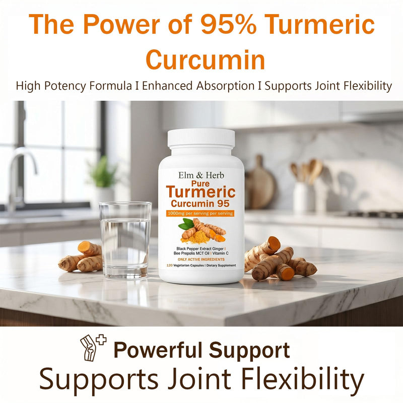 Elm & Herb Pure Turmeric Curcumin 95, Elm and Herb Turmeric Curcumin Supplement Capsules with Black Pepper Extract, Ginger, Bee Propolis, MCT Oil & Vitamin C (1) 1