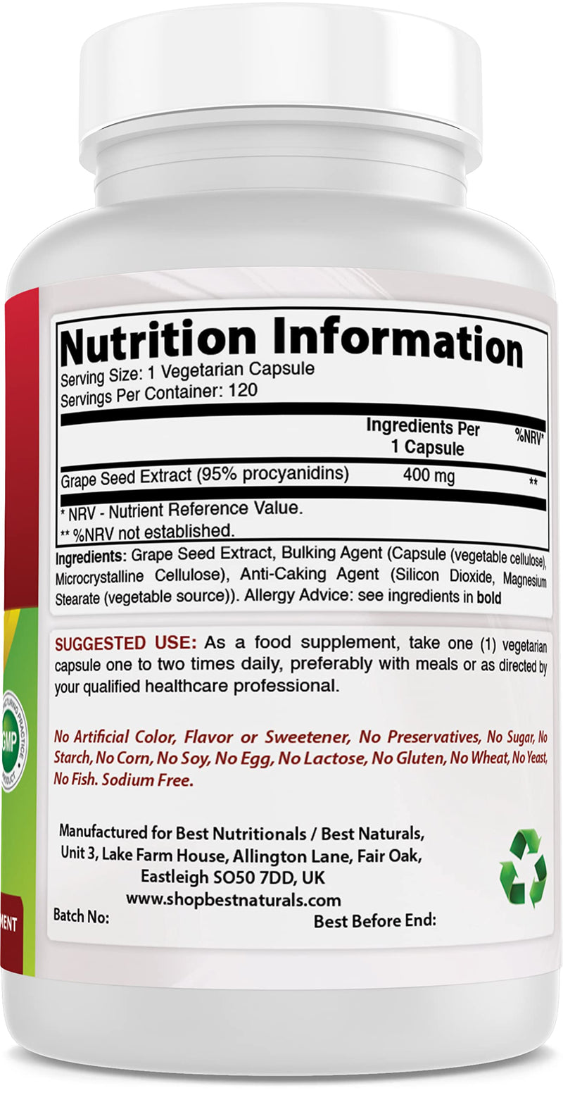 Best Naturals Grape Seed Extract 400 mg Veggie Capsule, 120 Count