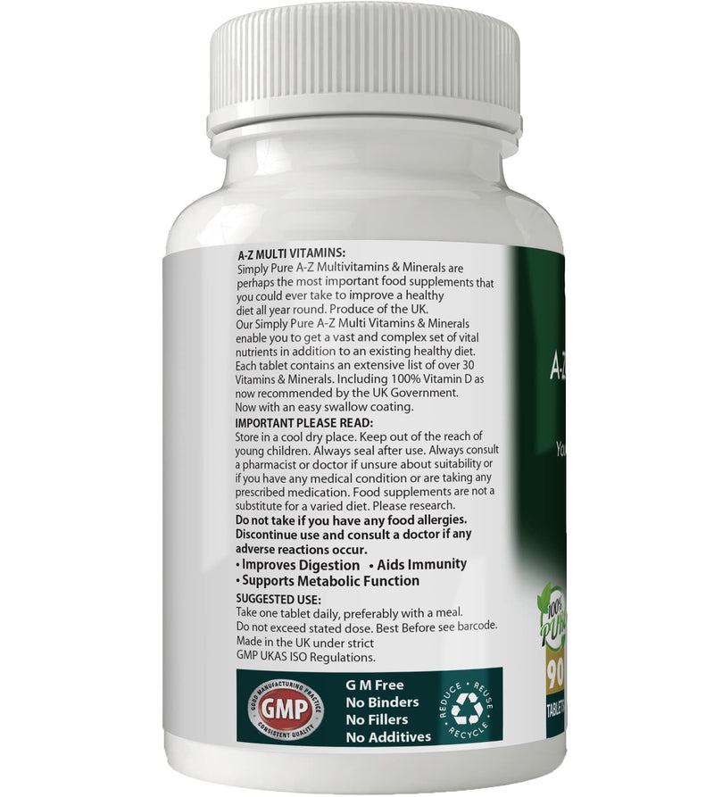 A-Z Multivitamins | 90 Tablets Providing Your Complete RDA of 30+ Important Vitamins & Minerals + Turmeric & Grape Seed Extract | Gluten Free | GM Free | Vegan