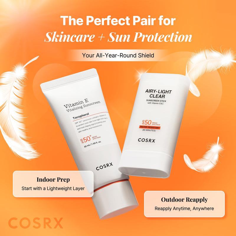 COSRX Airy-Light Clear Sunscreen Stick with Vitamin E&C, SPF 50, 0.67 oz | Korean Suncreen Stick Suncare Sunblock, Lightweight, No White Cast, Water resistant, Oil Control Matte Sunscreen for Face Vitamin E&C Sunscreen Stick (1 Pack)