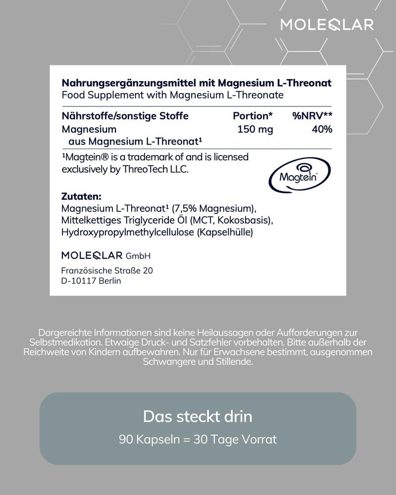 MoleQlar Magnesium L-Threonate Capsules Pack of 90, Dietary Supplement with 150 mg Elementary Magnesium per Serving, Capsule for Convenient Daily Use, Suitable for Mixing or Daily Supplement Intake