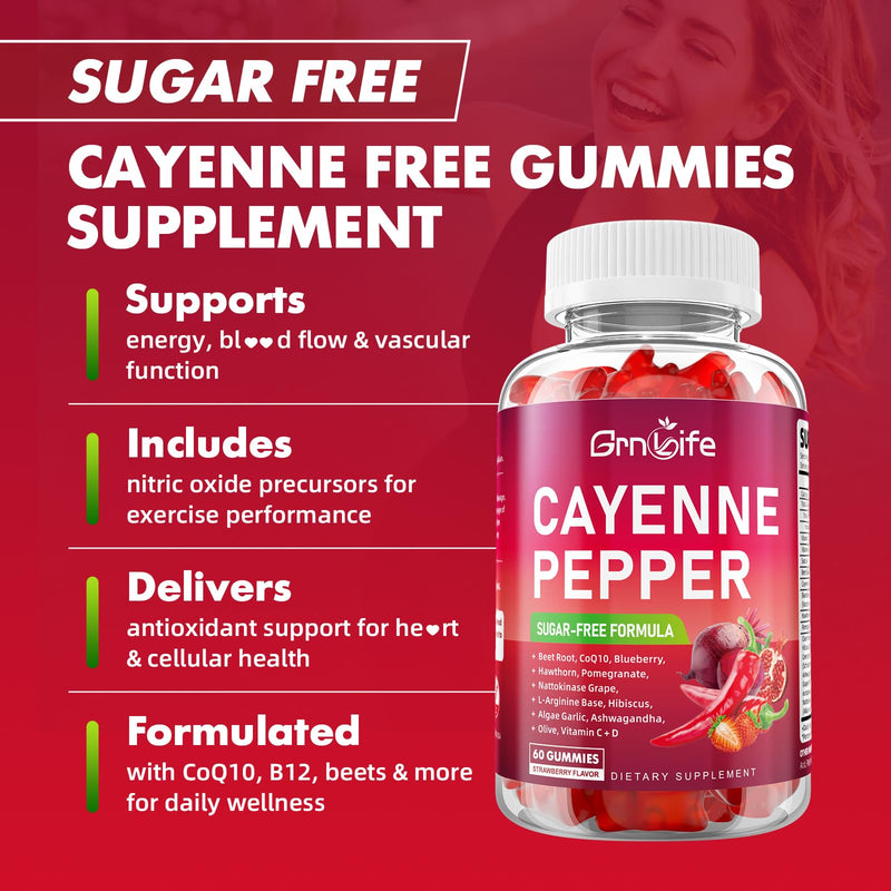 2 Pack Cayenne Pepper Beet Root Gummies, with Beetroot Garlic CoQ10 Hawthorn Berry Grape Seed Extract Olive Leaf Nattokinase Hibiscus Vitamin D Nitric Oxide, Support Overall Wellness, 120 Count 120 Count (Pack of 1)