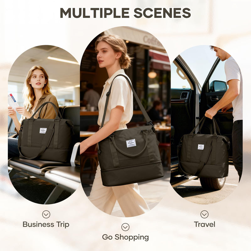 Travel Duffel Bag 18x14x8 Inches Carry On Bag for Airplanes Weekender Overnight Bag for Women with Trolley Sleeve Travel Bag Spirit with Shoes Compartment Sport Tote Gym Bag DarkBrown