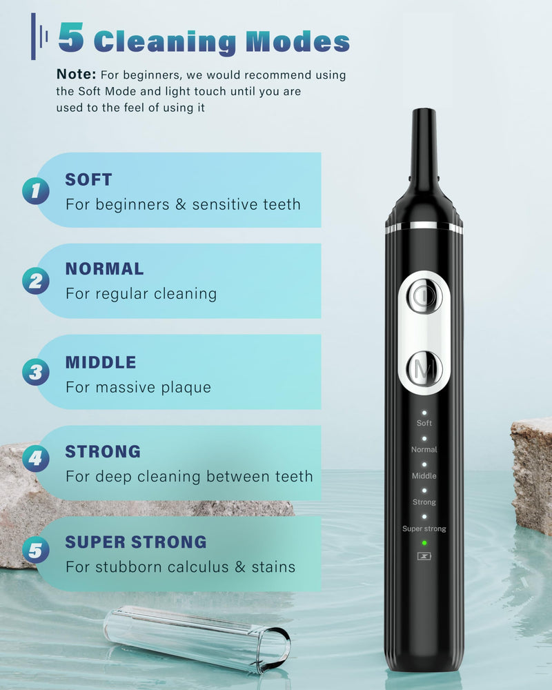 [Australia] - Teeth cleaning set, Stim-U-Dent tartar removal for humans with 5 modes for humans and dogs, stain removal, for domestic removal of tartar at home, rechargeable ebony 