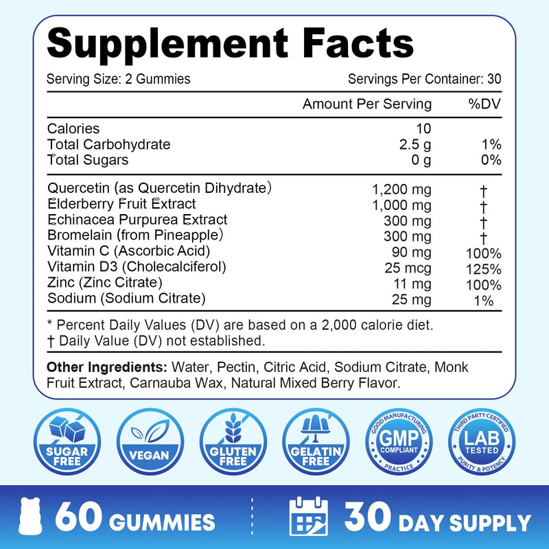 Quercetin with Bromelain Gummies, Quercetin with Vitamin C Zinc & Elderberry for Immune System & Allergy, Chewable & Vegan Gummies, 60 Cts 60 Count (Pack of 1)
