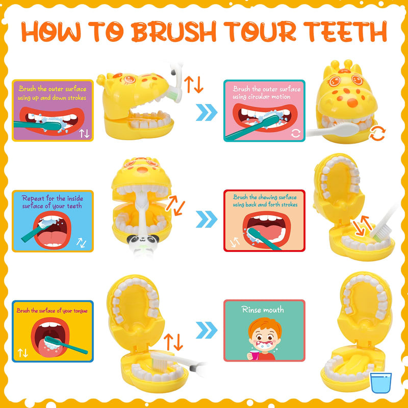 [Australia] - Skylety 2 Set Dentist Kit for Kids Dentist Play Set Dental Teeth Model with Toothbrush Child Dental Educational Card Standard Size Fake Brace Demonstration Teaching for Children Student(Giraffe) Giraffe 