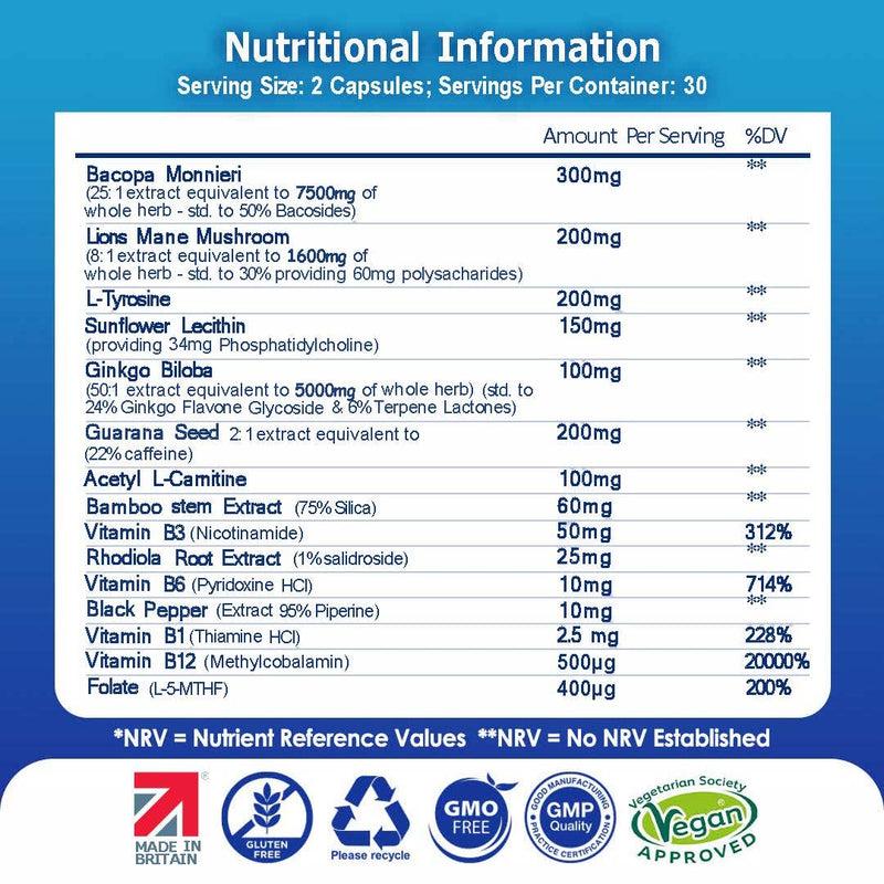 Brain Boost Nootropic Supplement, Supports Cognitive Function, Energy Levels, Focus & Memory Function - 14 Brain Boosting Ingredients Including Lions Mane, Ginkgo Biloba, Bacopa, Vitamin B12, B3, B6.