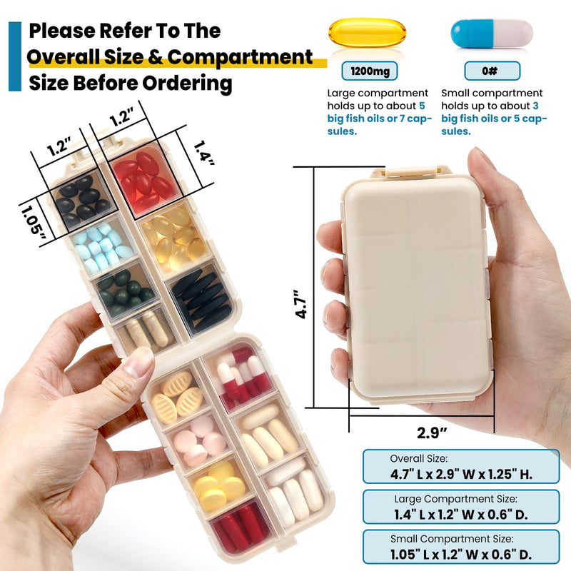14 Grids Travel Pill Organizer Box with 415-Pcs Medicine Name Labels - Pocket Daily Pharmacy Case Container Kit - Travel Medication Holder Dispenser for Fish Oil Vitamin Supplement Storage - Khaki with Bulk Med Labels