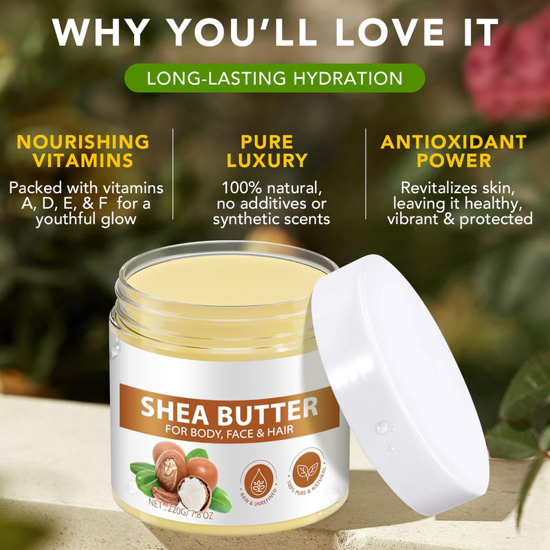 Raw Shea Butter Organic, Shea Butter for Body, Face & Hair Care, Pure & Unrefined Deep Moisturizing Natural Skin Hydration, Softening & Nourishing, Enriched with Vitamins A, E & F, 7.8 OZ