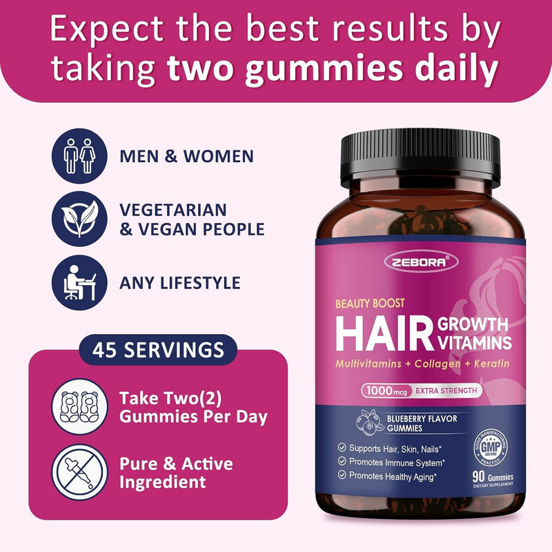 ZEBORA Biotin Gummies with Hyaluronic Acid & Keratin, 90 Blueberry Gummies | Hair, Skin, and Nails Vitamins to Support Hair Growth, Stronger Nails, and Healthy Skin for Women and Men, Blueberry Flavor 90 Count (Pack of 1)