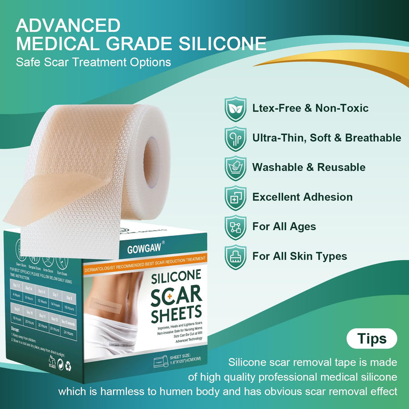 Medical Grade Silicone Scar Sheets, Silicone Scar Tape (1.6”x 120”), Professional Scar Removal Treatment, Reusable Silicone Scar Strip for Keloid, C-Section, Surgery, Burns, Acne Etc