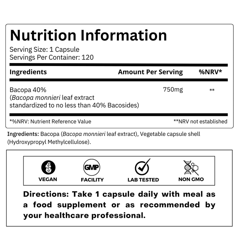 FOLIUS LABS Bacopa Monnieri Capsules 750mg – Herbal Supplement with 40% Bacosides Bacopa Monnieri – 120 Capsules 120 Caps