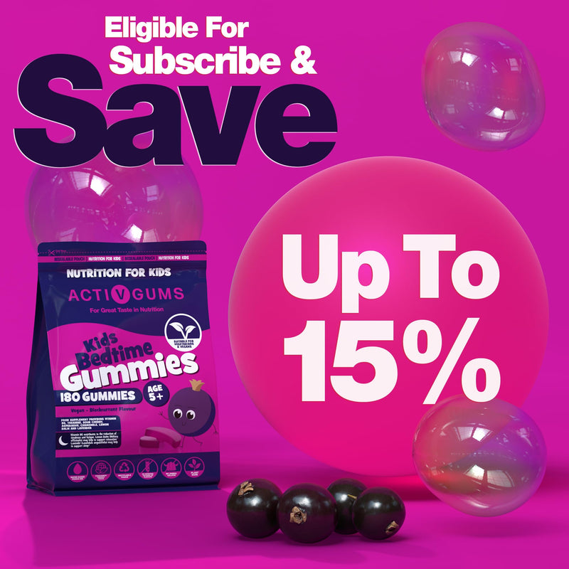 Kid's Bedtime 180 Vegan Gummies | Blackcurrant Flavour | Melatonin & 5HTP Free Contains Vitamin B6, Montmorency Cherry, Chamomile | Resealable & Recyclable Pouch | Suitable for Ages 5+ By ActivGums® 180 count (Pack of 1)