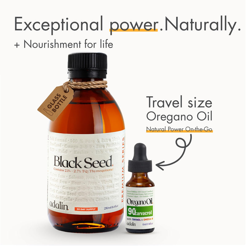 [Australia] - adalin Black Seed Oil Organic Cold Pressed 8.4 fl oz with Travel Size Oil of Oregano 0.34 fl oz | Black Cumin Seed | Nigella Sativa | High Thymoquinone & Carvacrol | Glass Bottle | Gluten Free 4.37 Fl Oz (Pack of 2) 