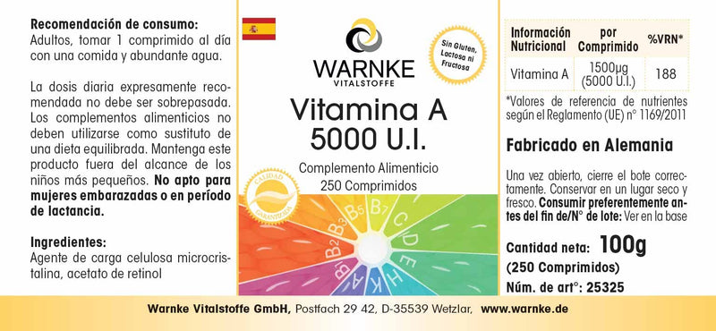 [Australia] - Vitamin A 5000 IU - 1500µg retinol (retinyl acetate) per tablet - 250 tablets - high dosage & vegan | Warnke vital substances - German pharmacy quality 