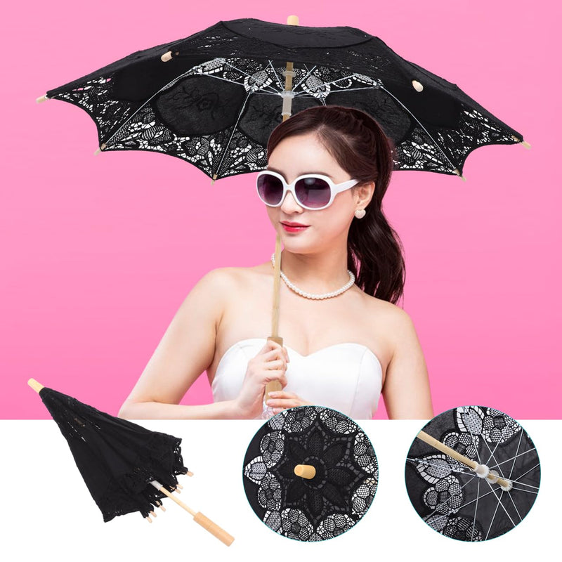 Toyvian Bridal Wedding Lace Parasol: 25.35 Inches White Lace Umbrella Women Vintage Umbrellas Handmade Boho Parasol with Black