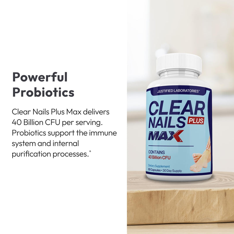 Justified Laboratories Clear Nails Plus Max - 60 Capsules - Probiotic Formula with 40 Billion CFU - 30 Servings