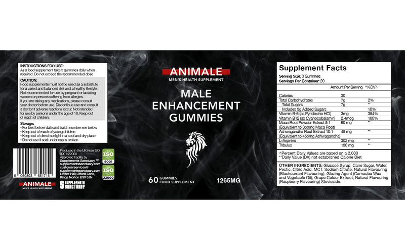Animale Male Gummies, 1265mg per Serving, with Maca, Vitamin B6, B12, Ashwagandha, L-Arginine, Tribulus Terrestris, 60 Gummies
