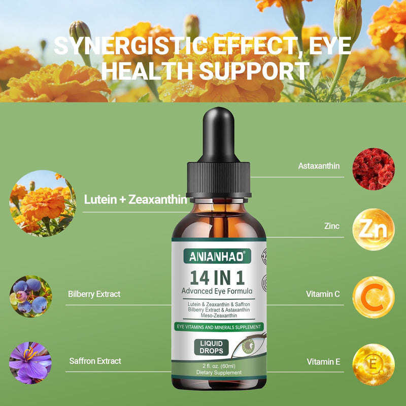 Eye Health Supplement with Lutein, 14 in 1 Advanced Eye Formula Drops - with Lutein, Zeaxanthin,Vision & Focus Support for Vision & Ocular Health Focus Support, 60ml