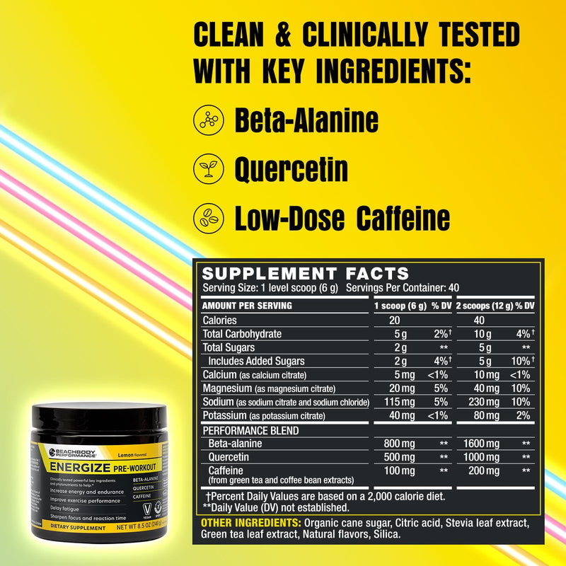 [Australia] - BODi Energize Pre Workout Powder - Beta-Alanine, Quercetin & Low-Dose Caffeine Formula for Enhanced Energy & Focus, Increase Energy & Endurance Supplement, Lemon Flavored, 40 Servings 8.5 Ounce (Pack of 1) 