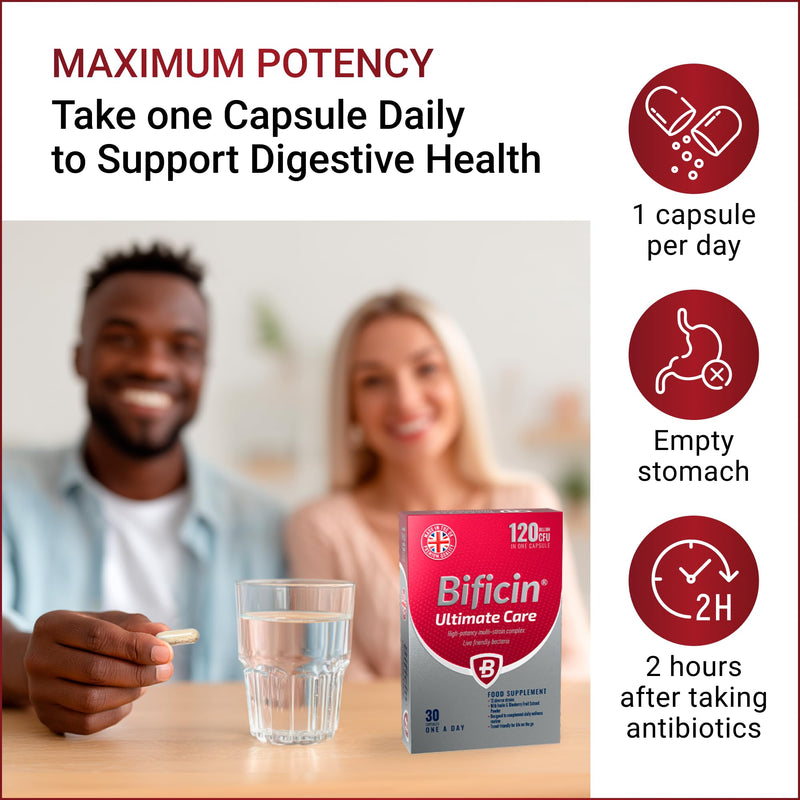Ultimate Care – High Potency Probiotics and Prebiotics Complex for Gut Health, 30 Capsules - 120 Billion CFU - 12 Live Bacterial Cultures with Bifidobacterium & Lactobacillus