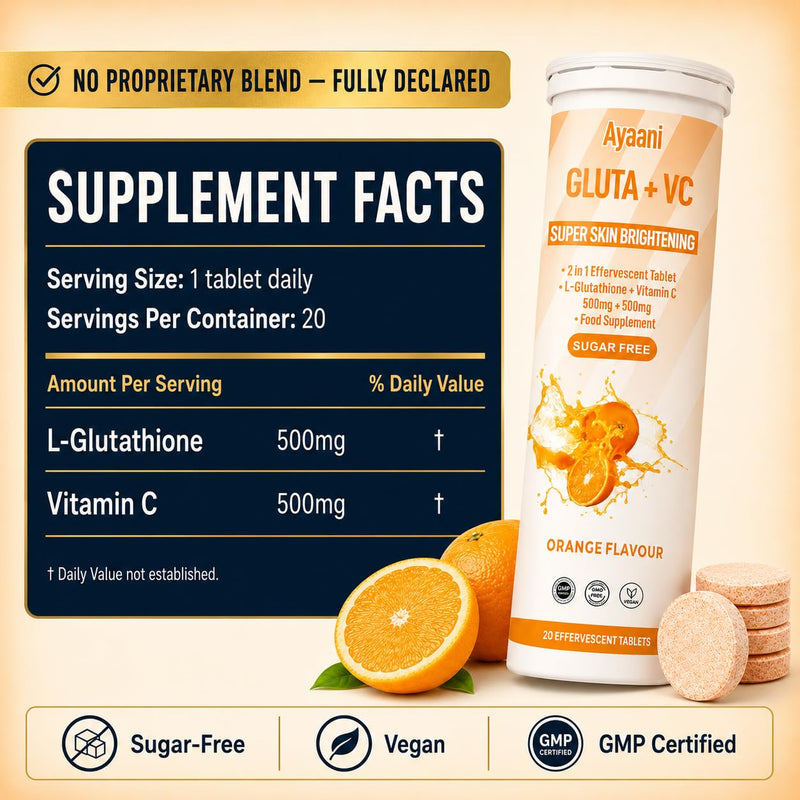 Glow Orange — Glutathione 500mg + Vitamin C 500mg | Orange Beauty Drink for Skin Glow & Skin Brightening | Even Tone | Zero Sugar & No Fillers | Effervescent Tablets | 20 Count