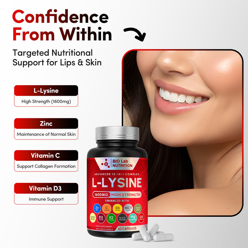L-Lysine 1600mg High Strength - Advanced 12-in-1 Complex for Lip & Skin Health - with Zinc, Vitamin C, D3 & Lemon Balm - Triple UK Lab Tested - 60 Vegan Capsules