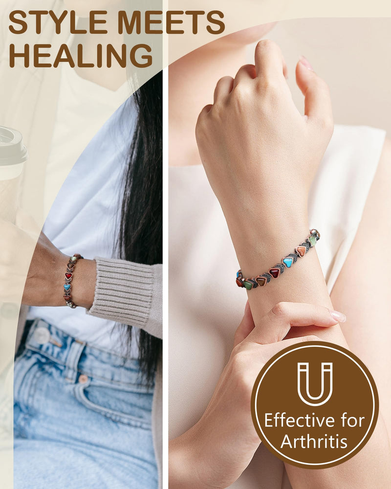 [Australia] - Feraco Pure Copper Bracelets for Women, Ultra Strength Magnetic Bracelet with 3800 Gauss Magnets & Natural Turquoise & Stones, Adjustable, Jewelry Gift Heart Bloom 