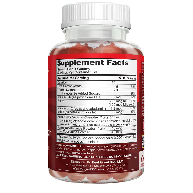 Feel Great Apple Cider Vinegar Gummies for Kids | Rich in Digestive Enzymes & Natural Antioxidants for Gut Health | Vegan Gummy Supports Healthy Nutrient Absorption | 60 Day Supply