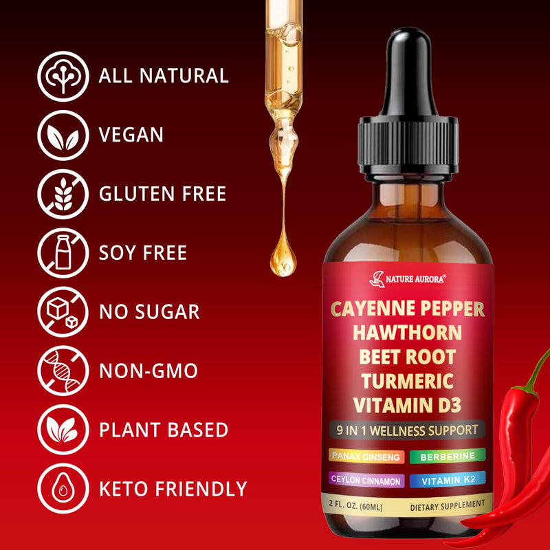 [Australia] - 9 in1 Cayenne Pepper Liquid Drops - Cayenne Pepper Extract Drops Supplement Liquid + Hawthorn Berry, Beetroot, Turmeric, Vitamin K2 & D3 - Digestion, Immune and Circulation Support - 2 Fl Oz 2.0 oz (Pack of 1) 