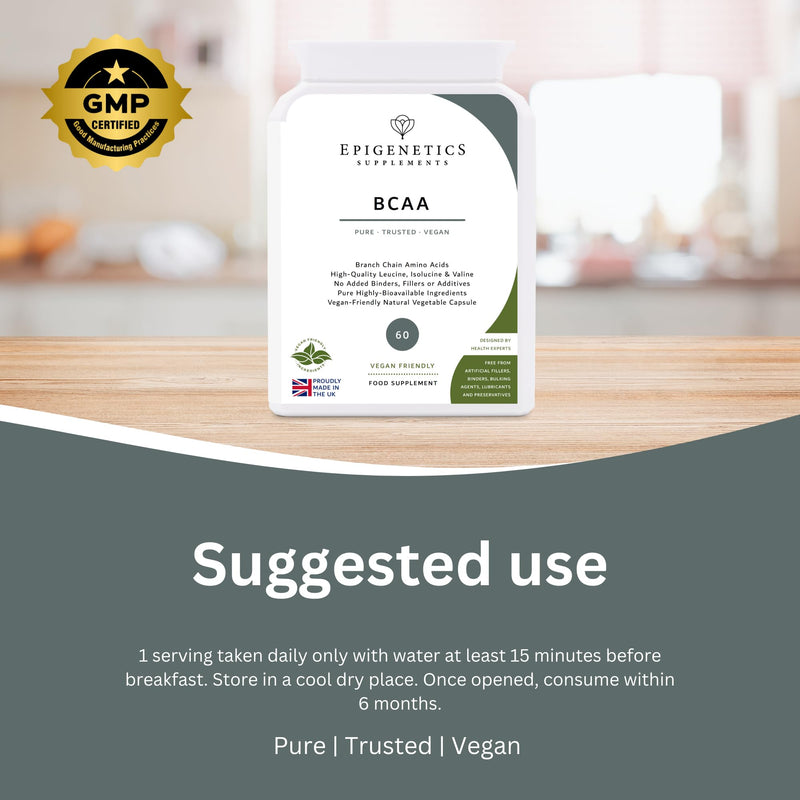 BCAA (Branch Chain Amino Acids) | 200mg L-Leucine + 100mg L-Isoleucine + 100mg L-Valine | 60 Vegan Capsules UK Made | 1 Capsule Daily (2 Month Supply)