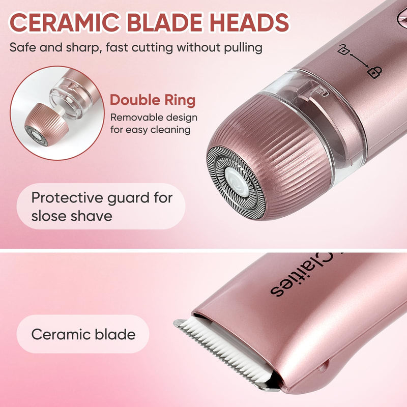 2 in 1 Women Electric Shaver Dual Head Bikini Trimmer for Women IPX7 Waterproof Wet & Dry Use Body Hair Trimmer and Facial Hair Remover for Bikini Underarm Leg Arm Body Face（Rose Gold）