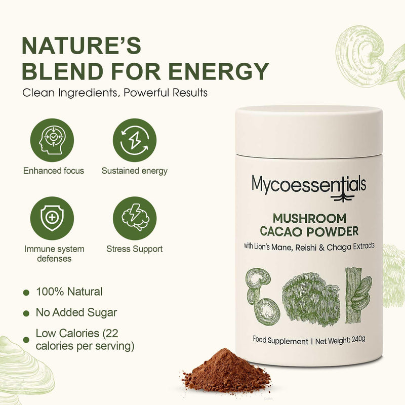 Mushroom Cacao Powder(240g - 30 Servings) – Lion’s Mane, Reishi & Chaga Coffee Alternative