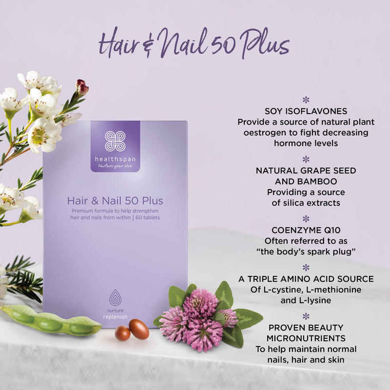 Healthspan Hair & Nails 50 Plus | Formulated for peri- and Post- menopausal Women | Promotes Strong Hair & Healthy Nails | with Soy isoflavones, Biotin, Selenium & Zinc | Vegan (60 Tablets)