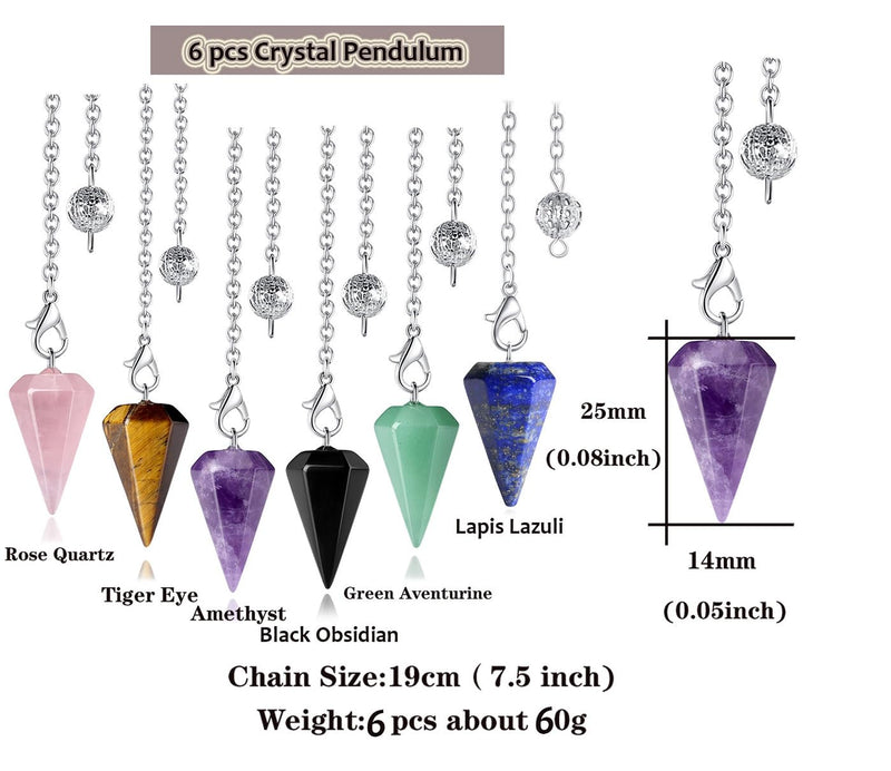 [Australia] - XIANNVXI 6pcs Pendulum Set Crystals Amethyst Stone Rose Quartz Obsidian Lapis Lazuli Crystal Gemstones Energetic Pendulum Esoteric Pendulum with Chain Spiritual Reiki Accessories G-lapis lazuli, tiger eye, rose quartz, amethyst, obsidian, green aventurine 