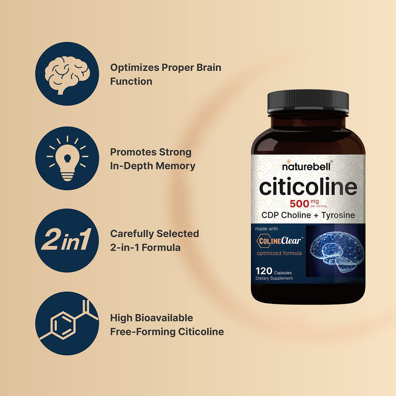 [Australia] - NatureBell Citicoline Supplements, CDP Choline, Citicoline 500mg Plus Tyrosine 50mg Per Serving, Optimized Dosage, 120 Capsules, 2 in 1 Formula, Dual Action Brain Supplement, Non-GMO 