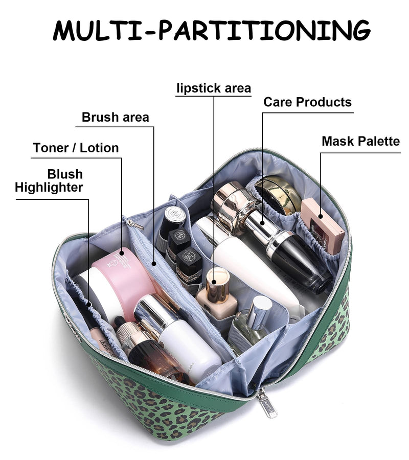 BOYATU Travel Makeup Bag Organizer: 3 Pcs Set Leopard Make up Bag for Women | Vegan Leather Cosmetic Bags with Compartments - Waterproof Toiletry Bag - 180° Open-Flat Make up Case for 3-15 Day Trips 09-Green