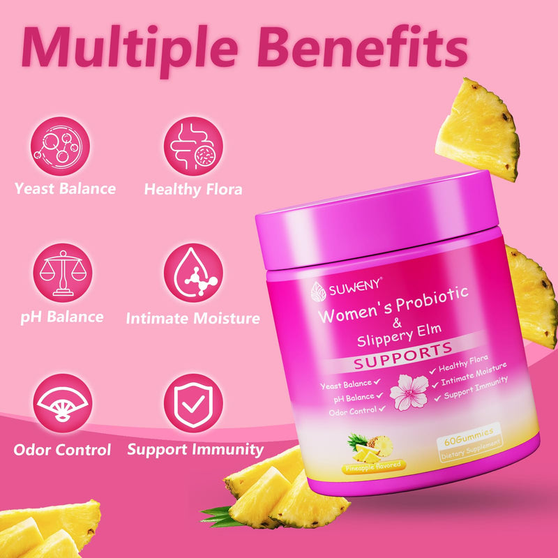 Feminine Probiotics Gummies for Women, Vaginal Probiotics for pH Balance, Odor, Yeast & Flora Balance, Gut Health & Immune Support with Slippery Elm, Prebiotics & Lactobacillus, Pineapple, 60 Gummies