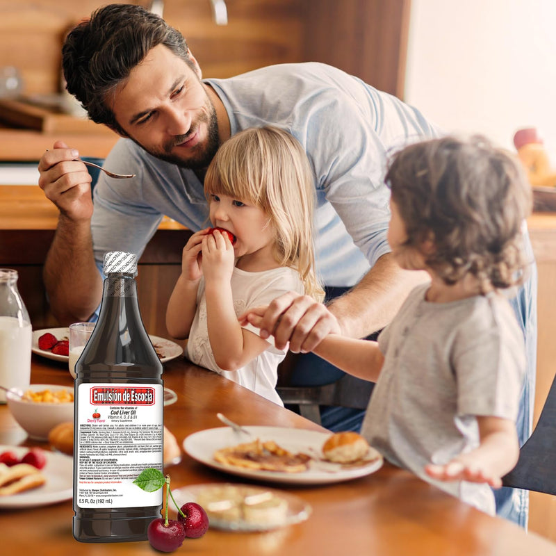 [Australia] - Emulsi√≥n de Escocia Cod Liver Oil with Vitamins A, D, E, B1 - Natural Cherry Flavor Fish Oil Omega-3 Dietary Supplement for Immune Support & Growth - Essential Nutrients - 6.5 oz (2-Pack) 