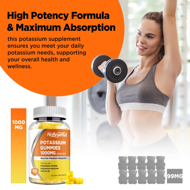 Potassium Gummies 1000mg, Sugar Free, 60 Count | Maximize Absoption Blend with Vitamin B6 Magnesium, Potassium Citrate Supplement for Adults