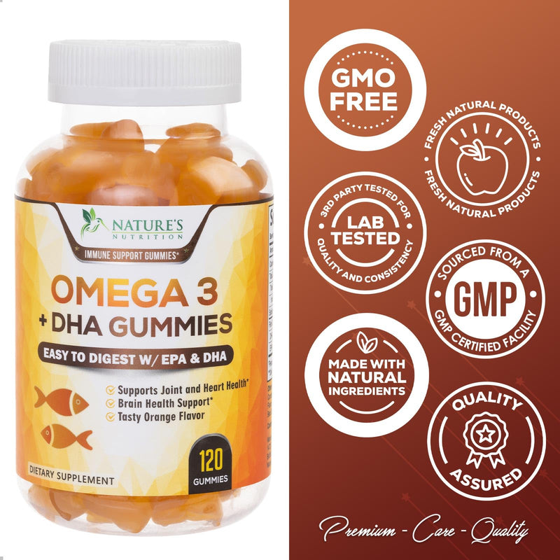 [Australia] - Omega 3 Fish Oil Gummies, Heart Healthy Omega 3 Gummy Supplement with High Absorption DHA & EPA, Extra Strength Joint & Brain Support, Omega 3 Fish Oil Nature's Vitamin, Orange Flavor - 120 Gummies 120 Count (Pack of 1) 