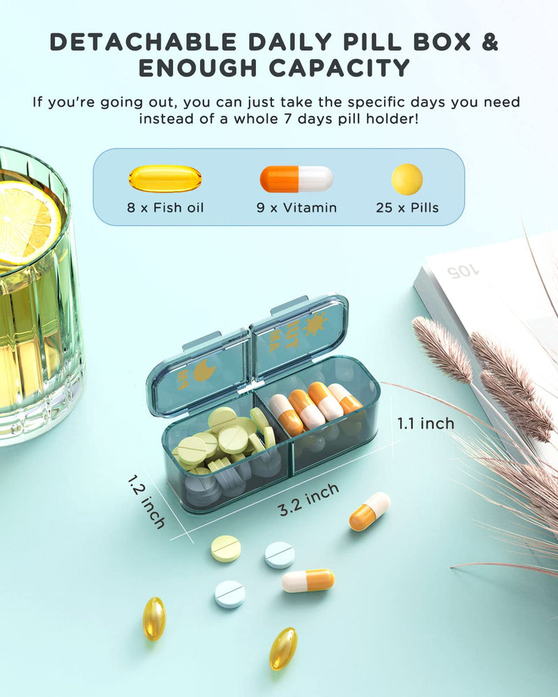 Acedada Am Pm Pill Organizer, Weekly Pill Box 2 Times A Day, Stylish Blue | 7 Day Pill Organizer with 7 Separate Containers, Portable Daily Medicine Dispenser Case for Vitamin, Fish Oils, Supplements
