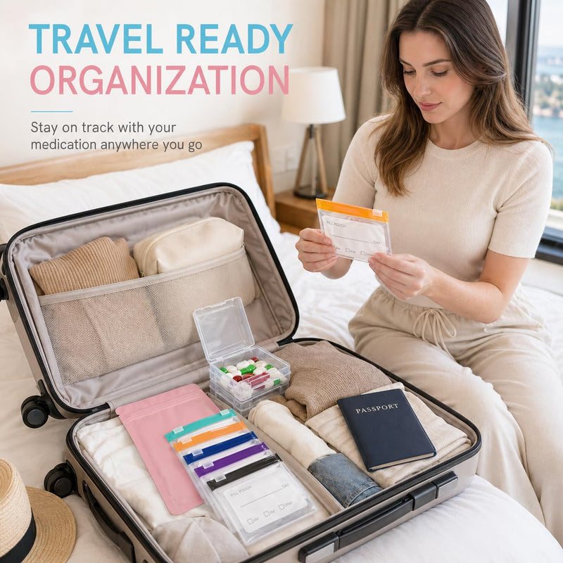 114PCS Travel Pill Organizer - RAINFLOW Bpa Free Pill Bags for Travel, Pack of 50 Clear Label Writing Baggies 50 Mylar Bags 7 Colors Small Ziplock Bag 7 Pill Box AM PM Supplements Baggies