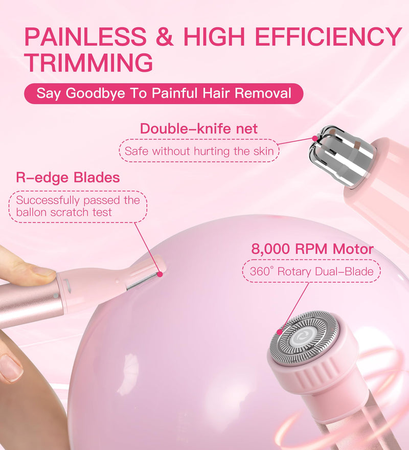 Nose Hair Trimmer for Women 3in1 Facial Hair Removal Trimmers- Rechargeable, Waterproof, Portable with Travel Bag- Trims Nose, Ear, Eyebrow, Peach-Fuzz, Lips, Chin Face Hair Remover FT2003 (Pink)