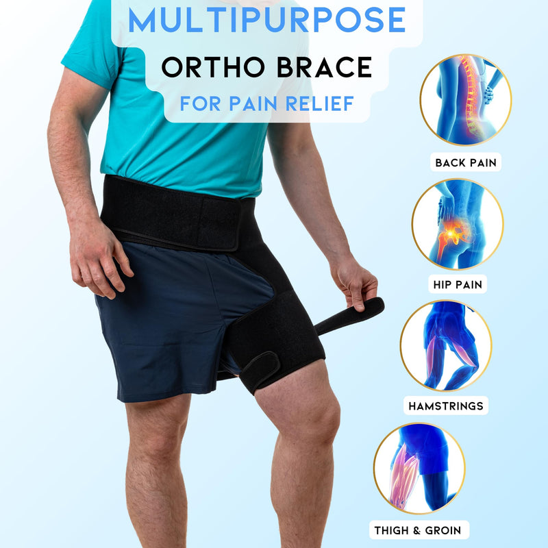 Hip and Groin Brace - Ortho Wrap Hip Brace for Sciatica for Women and Men - Groin Compression Wrap for Pulled Hamstring Compression - Thigh Compression Sleeve for Sciatic Ease (Medium, Right leg) Medium