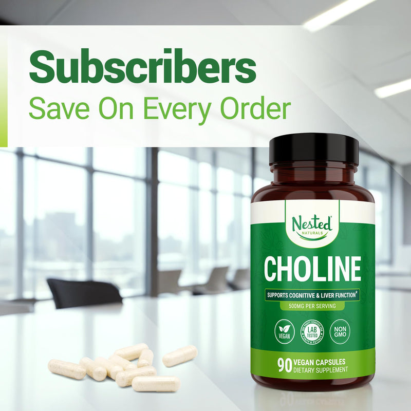 Nested Naturals Choline Bitartrate 500mg Per Serving - High Potency Choline Supplements - Supports Cognitive Performance & Liver Function - 100% Vegan & Non-GMO Choline - 90 Vegan Capsules 90 Count (Pack of 1)