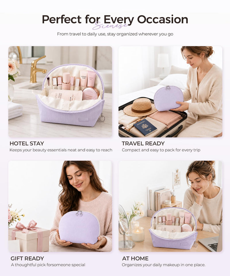 Makeup Bag Set for Women, 2 Pcs Corduroy Travel Cosmetic Organizer, Detachable Clear Pouch and Shell Shape Case, Waterproof Toiletry Storage for Beauty Essentials, Purple