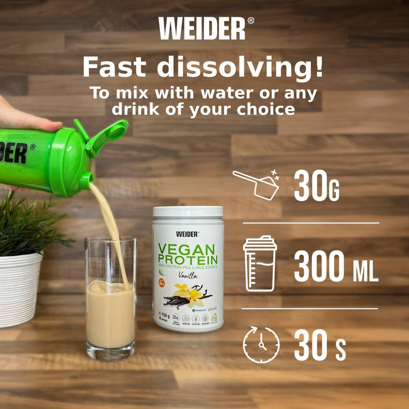 Weider Vegan Protein (540g) Vanilla Flavour. 23g Protein/dose, Pea Isolate (Pisane) & Rice Proteins. with Vitamin B12 & Stevia. Gluten Free, Sugar Free. Packaging 50% Recycled, 100% Recyclable